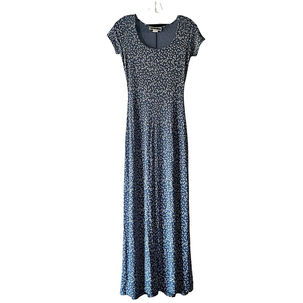 Vintage 90s Light Blue and White Floral Cottagecore Spring Maxi Stretch Dress